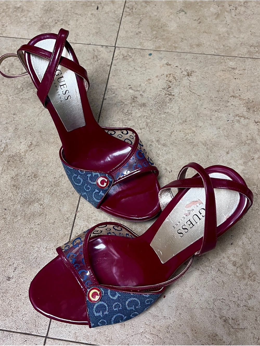 Gorgeous GUESS by Marciano Cherry Red & Denim Strappy Heels Sz.9M